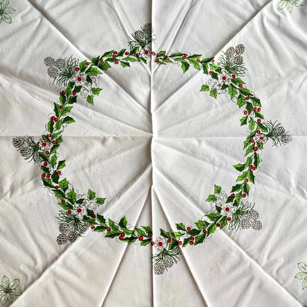 Vintage Christmas tablecloth printed cotton round soft fringe red green festive